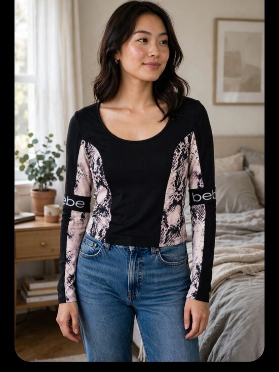 bebe Tops - bebe Black and Light Pink Snake-Print Long Sleeve Top & Crop Top
